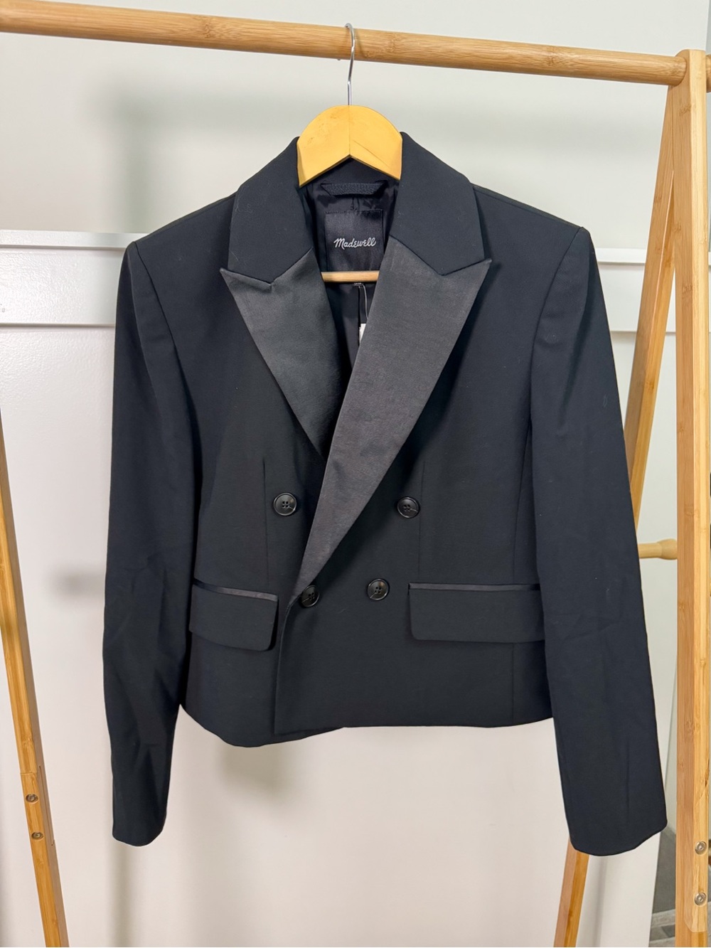 Madewell Black Double-Breasted Satin Cropped Blazer